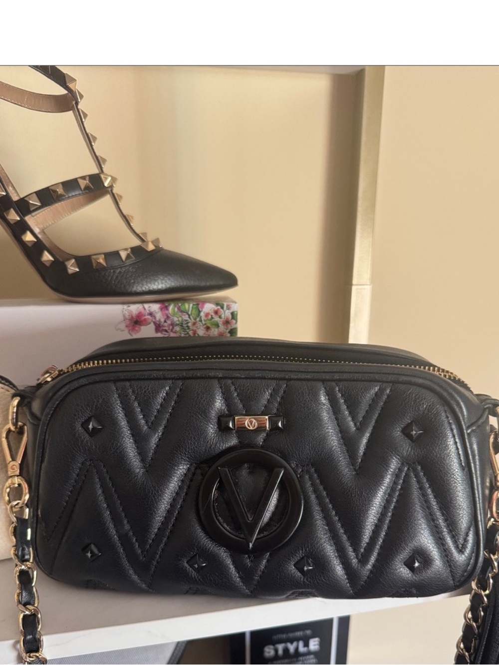 Mario Valentino Black Quilted Leather Crossbody Bag V Emblem Great Used